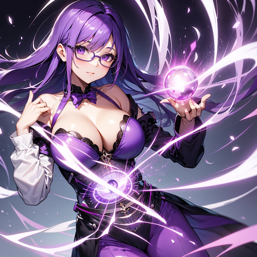 Create a pretty girl with big breasts, purple hair and glasses wearing a magician outfit using the colors white and purple. 