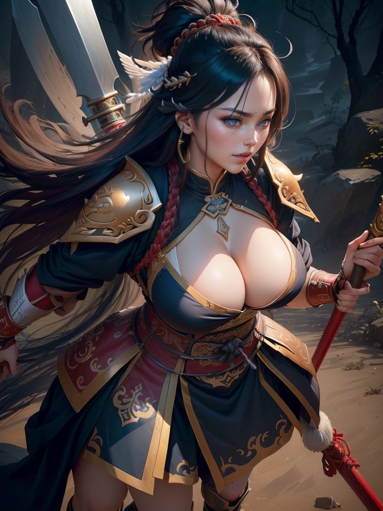 a woman with a large axe and a feathered head, inspired by Hu Zaobin, berserker potrait, guan yu, bian lian, sun wukong, mongol, inspired by Huang Shen, inspired by Li Gonglin, tai warlord, inspired by Wu Bin, wukong, inspired by Li Kan, naranbaatar ganbold, Highly detailed CG unit 8k wallpaper, masterpiece, High resolution, highest quality, highest quality real texture skin, Super Real, Digital Painting, Best image quality, 最High resolution, 8k, ((Highly detailed eyes and face, Beautiful eyes every detail)), 1girl, Full Body Shot, Saggy breasts, Gravity-dependent breasts, long chest, Heavy chest, disproportionate breasts, huge breasts, sagging breasts, gigantic breasts, erect nipple, Cleavage cut out, Look away, Gazing into the distance, ((open your mouth wide, stick out tongue, ahegao)), (evil smile, madness, 遠くをにらむ, 遠くを見つめる. profile),