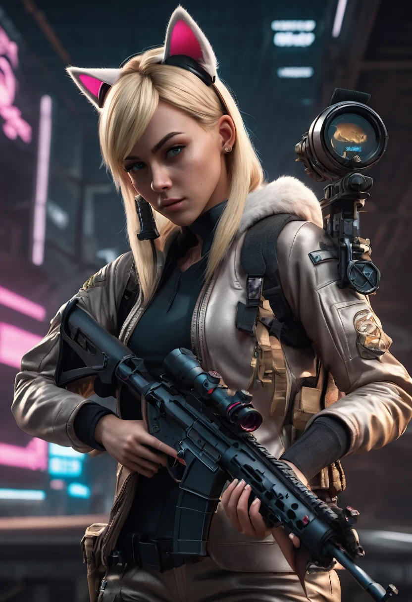 "Create a highly realistic and photorealistic image of a blonde character with cat ears looking through a rifle scope and aiming at a target. The scene requires a futuristic, cyber aesthetic with dynamic angles. Please make sure the image is high resolution.