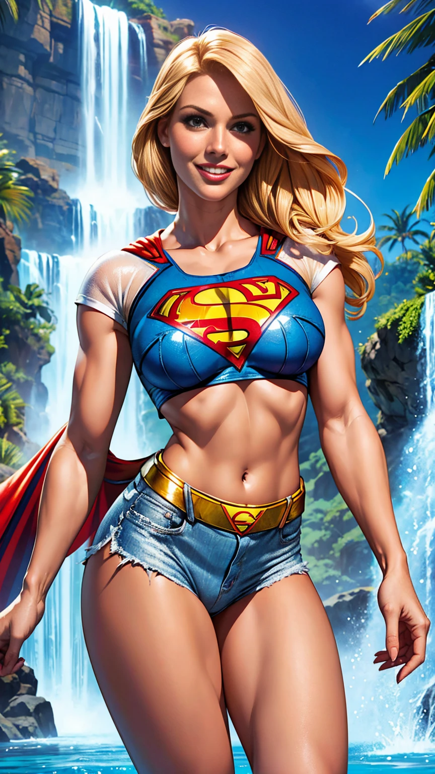 Supergirl, blonde hair, Close up of breasts, pokies, white spandex crop top, ((superman logo S on crop top with cut out to show breasts)), denim bahama shorts, tropical waterfall location, smile