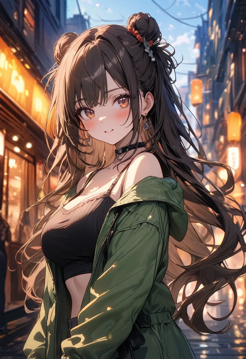 ((masterpiece:0), best quality, very aesthetic, newest, absurdres, detailed, high quality)
BREAK
highest quality, top quality, details, highres, ultra fine painting, digital art, official art, cinematic, 4k, 8k resolution, 8K CG wallpaper, CG, original artwork, detailed background, colorful background, blue atmosphere, High Dynamic Range, blurry background, blue hour, Starburst effects, crepuscular rays, good ISO, high resolution, wide shot, from far away, RAW photo, POV, sharp focus, light reflection, reflections, intricate details, soft light, particle noise, professional photography, bokeh, depth of field, natural lighting, vibrant colors, looking away, detailed lights and shadows, stylish, ultra-detailed, top rated on Pixiv, trending on Artstation, niji style, modern-days, master crafted, pose
BREAK
solo, close up shot, from above shot, 1girl, pale skin, correct fingers, detailed hand, (medium big breasts:1.2), big thighs, short torso, short body, flushtered, blush, anxious expression, casual, slim, ((cute, childlike face):1.3), nice hips, nice body, brown hair, (long flowing hair), big 2 buns hairstyle, long bangs, long hair, middle hair bangs, brown eyes
BREAK
(black string tank top, choker, off shoulder open green hoodie, (tummy skin), open unbuttoned shorts, many colors outfit ornaments)
BREAK
a person walking down a street with a crowd of people, crowded street, crowded streets, in front of a large crowd, giant crowd, girl walking through city, people walking down a street