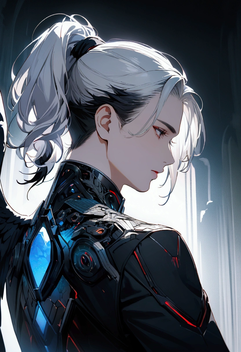 A man with futuristic technology, with 2 wings on each side of its back, the left wings are blue with black tips and the right wings are red with black tips, profile picture, white hair tied in a ponytail 