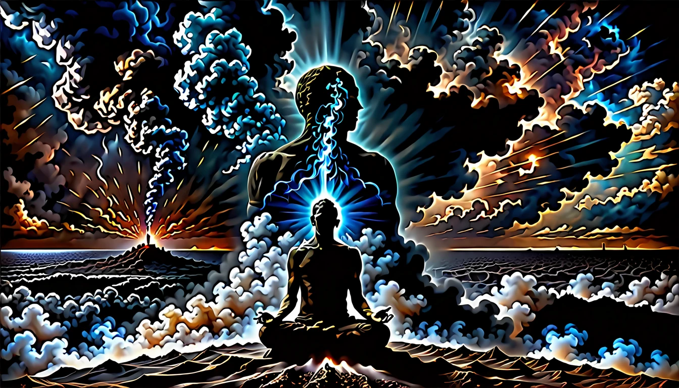 The art should be digital and contain surreal elements. In the center of the image, place a person looking at the horizon ,a dark smoke energy comes out of his body,dark image, feelings of déjà vu,,past lives sensation in soul xilogravura style,dark images,spiritual feeling looking to spiritual universe,dark style