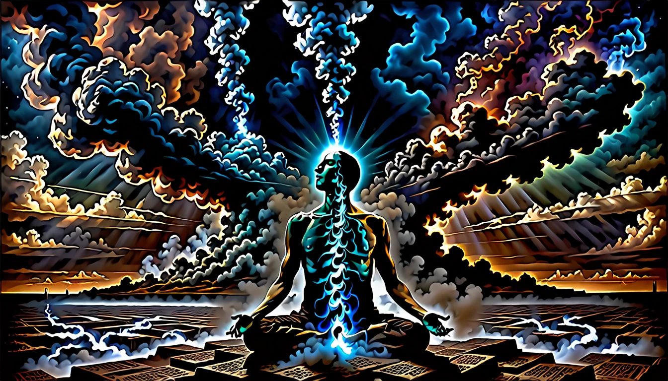 The art should be digital and contain surreal elements. In the center of the image, place a person looking at the horizon ,a dark smoke energy comes out of his body,dark image, feelings of déjà vu,,past lives sensation in soul xilogravura style,dark images,spiritual feeling looking to spiritual universe,dark style