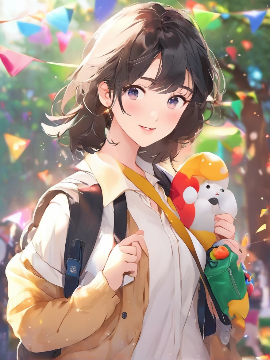 (best quality:1.5, height, UHD, 8ก, Detailed light, shader), (college boy), black hair, cute hairstyle, , put in a school bag(throw), school background, stand, colorful eyeshadow, incredible light, sparkling eyes, confident expression, cute hairstyle, delicate face, soft skin, high cheekbones, college clothes, college setting, Medium Portrait, look at the audience, Sharp focus, best lighting effects