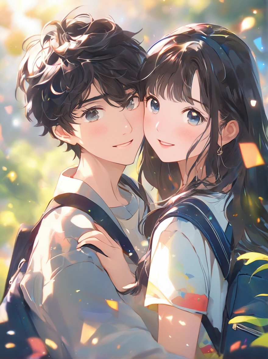 (best quality:1.5, height, UHD, 8ก, Detailed light, shader), (college boy), black hair, cute hairstyle, , put in a school bag(throw), school background, stand, colorful eyeshadow, incredible light, sparkling eyes, confident expression, cute hairstyle, delicate face, soft skin, high cheekbones, college clothes, college setting, Medium Portrait, look at the audience, Sharp focus, best lighting effects