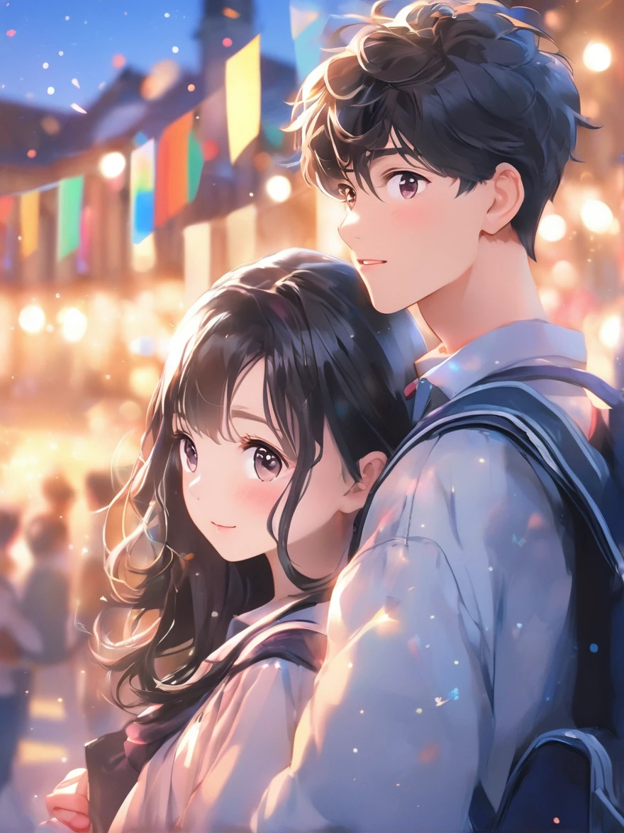 (best quality:1.5, height, UHD, 8ก, Detailed light, shader), (college boy), black hair, cute hairstyle, , put in a school bag(throw), school background, stand, colorful eyeshadow, incredible light, sparkling eyes, confident expression, cute hairstyle, delicate face, soft skin, high cheekbones, college clothes, college setting, Medium Portrait, look at the audience, Sharp focus, best lighting effects