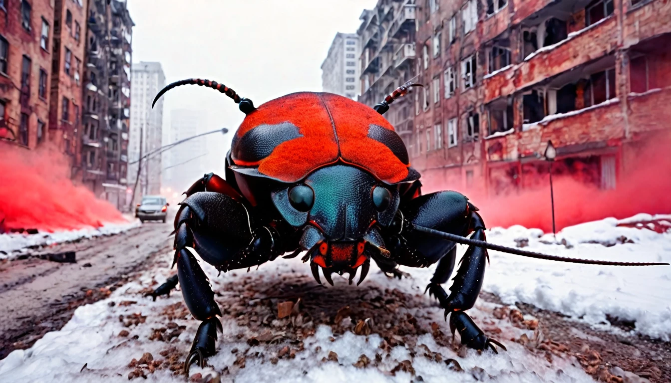 (gigantic beetle insect monster) mutant beetle, giant black and red, terrifying, walking through an abandoned city, destroying cars, city in winter, all its snowy buildings, snow and illuminated red fog in the background, apocalyptic image, realistic photo,