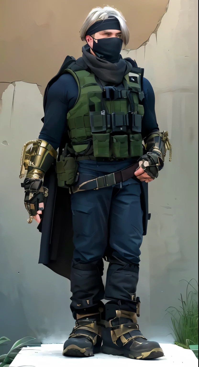 man, wearing a green tactical vest, wearing a long black scarf connected to a black cape, wearing brass and black fingerless gauntlets, wearing dark blue underclothes, wearing brass and black color boots, wearing a sagging tactical belt, wearing a dark blue metal mouth cover, wearing a dark blue headband, a man with white stylized hair, full body photo, realistic 8k