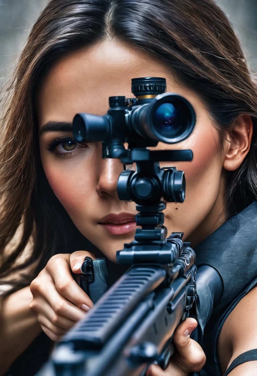 masterpiece (best quality wallpaper0 SEXY SNIPER, super detailed, aiming target, cinematic photograpic, dramatic light, detailed face expression, aiming, sniper gun, close range, close up, iconic sniper-aiming stance