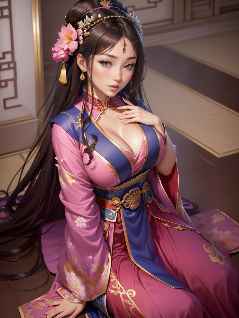 Painting of a woman in a pink and blue dress, Beautiful Fantasy Empress, ancient Chinese Princess, Beautiful character drawings, Chinese Princess, palace, Girl in Han Dress, Princess of an ancient Asian dynasty, Ancient Chinese Beauties, Inspired by Run In, Beautiful and attractive anime woman, Beautiful Fantasy Empress, Beautiful renderings of the Tang Dynasty, Beautiful oriental woman, Empress of China, Highly detailed CG unit 8k wallpaper, masterpiece, High resolution, highest quality, highest quality real texture skin, Super Real, Digital Painting, Best image quality, 最High resolution, 8k, ((Highly detailed eyes and face, Beautiful eyes every detail)), (wariza, seiza, from front, girl sitting, sit on the floor), huge breasts, gigantic breasts, disproportionate breasts, huge breasts, gigantic breasts, open your mouth, erect nipple,