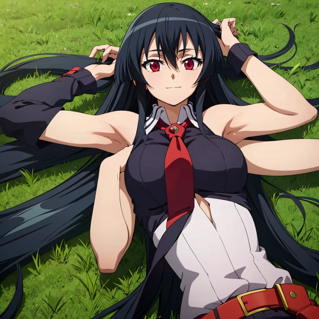 solo, 1girl, looking at viewer, 2D, anime, anime coloring, upper body, akame, necktie, sleeveless, looking at viewer, closed mouth, solo, cowboy shot, lying, on back, on grass, spread arms, shy smile, arms up, closed mouth,