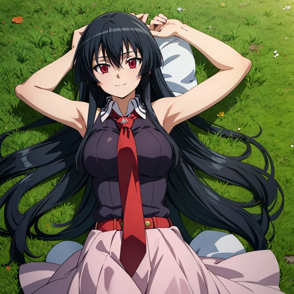 solo, 1girl, looking at viewer, 2D, anime, anime coloring, upper body, akame, necktie, sleeveless, looking at viewer, closed mouth, solo, cowboy shot, lying, on back, on grass, spread arms, shy smile, arms up, closed mouth,