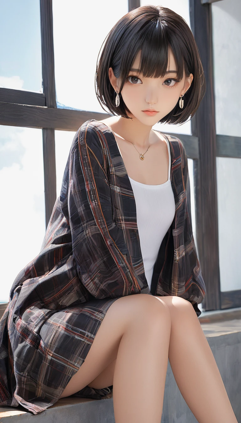 (masterpiece, Highest quality:1.2), One girl, alone,bony body、15 years old、bob cut、Earrings