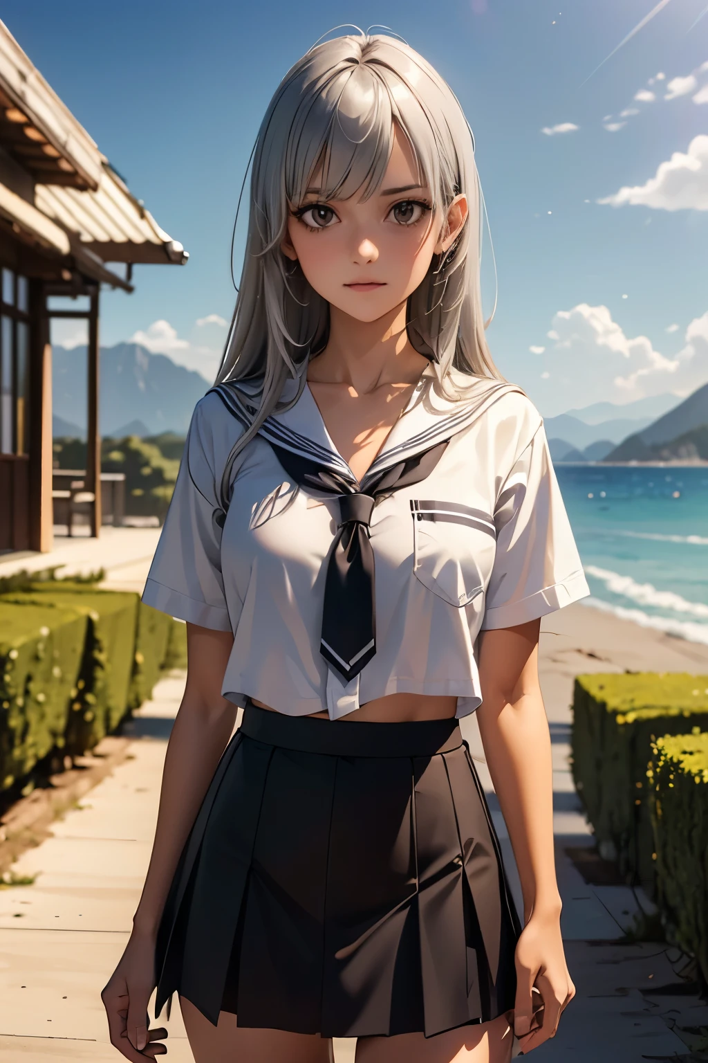 ((masterpiece)), ((best quality)), ((highres)), ((extremely detailed CG unity 8k wallpaper)), solo, tachibana kanade, tan school uniform, black skirt, white socks, outdoors, face, curtained hair, beach, parted hair, silver hair