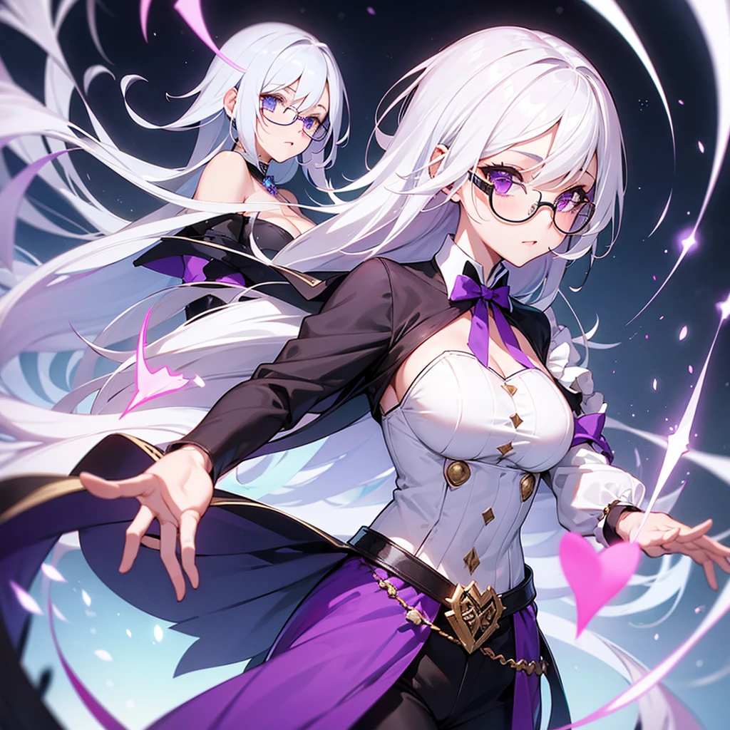 Create a pretty girl with medium breasts, white hair and glasses wearing a magician outfit using the colors white and purple. 