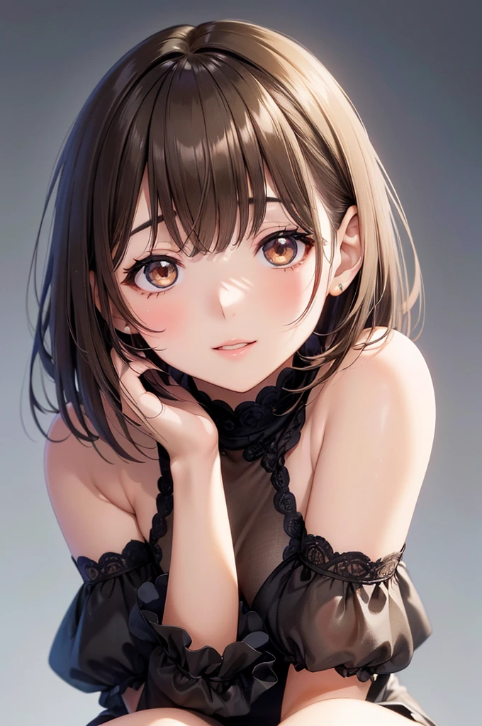 (Highest quality, High resolution, masterpiece:1.2),, Beautiful woman, Delicate eyes, Detailed lips, black evening mini dress, A single photo, Anime Style、anegasaki nene、Shiny brown hair, short hair, (Beautiful brown eyes)、smile、Sparkling eyes, (Fine grain)、Ultra-detailed eyes、Highly detailed face, Highly detailed eyes,Cowboy Shot、