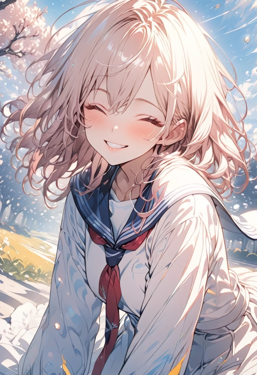 masterpiece, Highest quality, Highly detailed CG Unity 8K wallpapers, High School Girl Anime Illustration. Wearing a uniform、片手はピース✌️サインをしている、she has her eyes closed and mouth open, smile. The background is a light pastel colored landscape