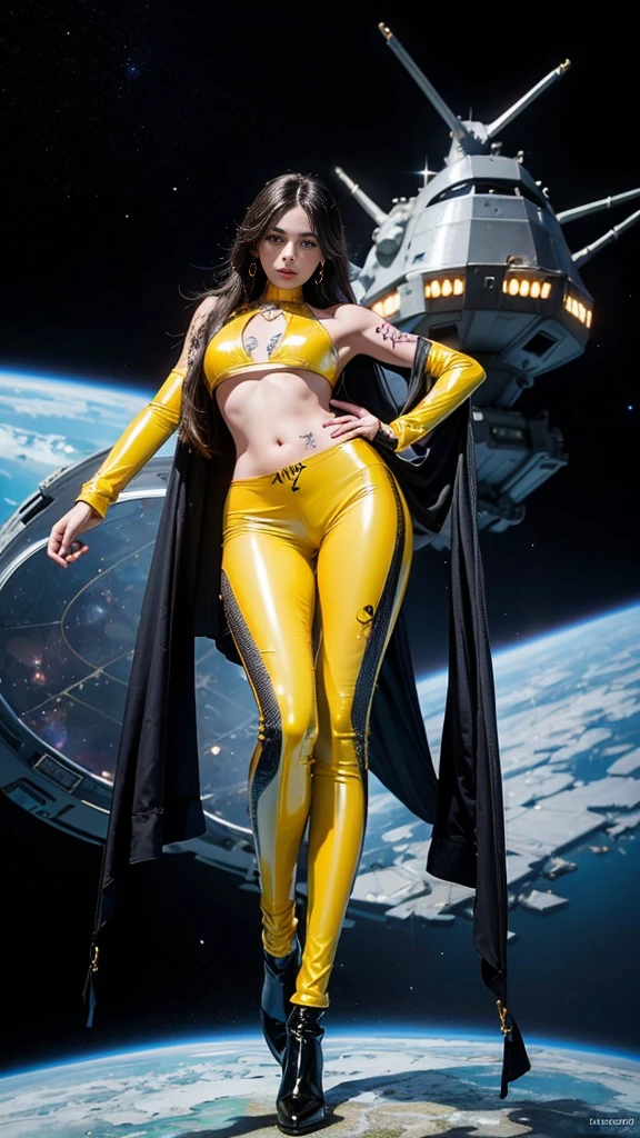 ((masterpiece:1.4)、(Highest quality:1.4)、(Realistic:1.7))、Masterpiece:1.4、(Top-notch rendering:1.4)、(Yuki, the beautiful navigator of the Space Battleship Hikari:1.4)、Super Beauty航海士Yuki、(By Luis Royo:1.4)、(A uniform that accentuates your beautiful figure:1.2)、(Futuristic sci-fi battle fashion:1.2)、(Street Style Wear)、(Tight Fit Pants)、(Shiny luxury latex:1.4)、(Luxury yellow latex:1.4)、19 years old、(Cute Tattoos:1.4)、(Wearing yellow gloves)、Cute Girl、Super Beauty、(Seductive pose)、Sharp Focus、Portrait Photography:1.4、8k、Photorealistic images:1.4、(Perfect female body:1.4)、Perfect proportions、(Standing:1.4)、(Upper body shot:1.4)、Beautiful Face、Fearless look、Beautiful Eyes、(A girl with a beautiful body and slender abdominal muscles)、(Narrow waist:1.4)、(9-body proportions beautiful girl:1.4)、(A beautiful girl with long legs and a good figure:1.4)、Beautiful feet:1.2、(Long Hair:1.2)、Heavy makeup、Eyeshadow、Glow Eye、Glow Lip、Beautiful breasts、Large Breasts:1.2、sexy ass、(Standing facing forward:1.4)、Raw photo、Red lips、Yellow high heels:1.4、choker:1.4、necklace:1.4、Earrings:1.4、1 Screen Display:1.4、Space Battleship Hikari's bridge:1.2