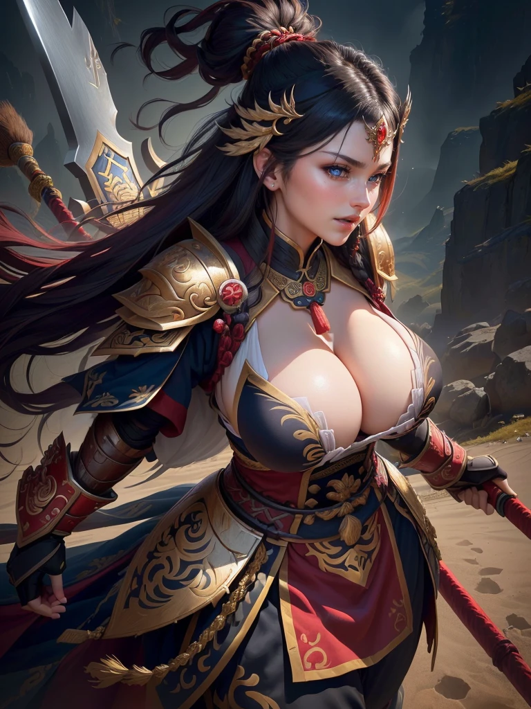 a woman with a large axe and a feathered head, inspired by Hu Zaobin, berserker potrait, guan yu, bian lian, sun wukong, mongol, inspired by Huang Shen, inspired by Li Gonglin, tai warlord, inspired by Wu Bin, wukong, inspired by Li Kan, naranbaatar ganbold, Highly detailed CG unit 8k wallpaper, masterpiece, High resolution, highest quality, highest quality real texture skin, Super Real, Digital Painting, Best image quality, 最High resolution, 8k, ((Highly detailed eyes and face, Beautiful eyes every detail)), 1girl, Full Body Shot, Saggy breasts, Gravity-dependent breasts, long chest, Heavy chest, disproportionate breasts, huge breasts, sagging breasts, gigantic breasts, erect nipple, Cleavage cut out, Look away, Gazing into the distance, ((open your mouth wide, stick out tongue, ahegao)), (evil smile, madness, 遠くをにらむ, 遠くを見つめる. profile),