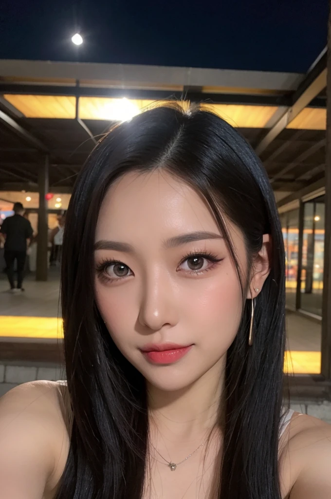 a woman,1 girl,black hair, hair bobbles, longeyelashes, solid circle eyes, light smile, mole under eye, heart earrings, light smile, shy, puckered lips, Surrealism, drop shadow, stereogram, pov, atmospheric perspective, depth of field, first-person view, f/1.8, 8k, super detail, ccurate, best quality, highres, best quality,full body,professional lighting,moonlight,evening,beach