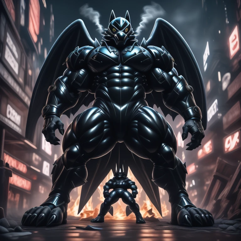 (masterpiece. official art. 8k. best quality. detailed full body. full body.)
(situation 1 : dominating mega lucario. focus GIANT mechanical Muscular mega lucario is trampling the CITY. macro. stomp. Low-angle perspective. emphasizing the immense size. The perspective is from below, emphasizing the sheer majesty and power of the Giant. giant art. He is much bigger than a skyscraper. Giga Giants. micro soccer field. looking down.)

(situation 2 :smoke and flames rising from the destruction in the city)

(Additional details 1: wearing a full-face helmet. helmet is jet black. The color of NANOSUIT is jet black. high-tech bio-mecha armor. real texture material. whole body shines like metal. Wearing cyberpunk mecha. emphasizes the muscles. suit fully made of metal. intricate armor. Robotic suit. suit fully made of metal. no face.). (mega lucario has 5 toes.) Wearing a Full Face Toxic Gas Mask. no blue.
An arrogant expression.
smile at the corner of your mouth.

(Additional details 2: (Detailed head. Detailed Body. Detailed abs. gigantic muscles. HYPER MUSCLES. Gigachad Muscular. big muscle. pecs. triceps. traps. unusually developed muscular body. body full of huge muscles. showing off muscles. pectorales enormes. Exaggeratedly huge muscles. huge muscles. long legs.).

(Additional details 3: nj5furry, Spread wings. It has wings. black have big wings. The claws are sharp. Sharp teeth.5 toes.).  Wearing a Full Face Toxic Gas Mask. 