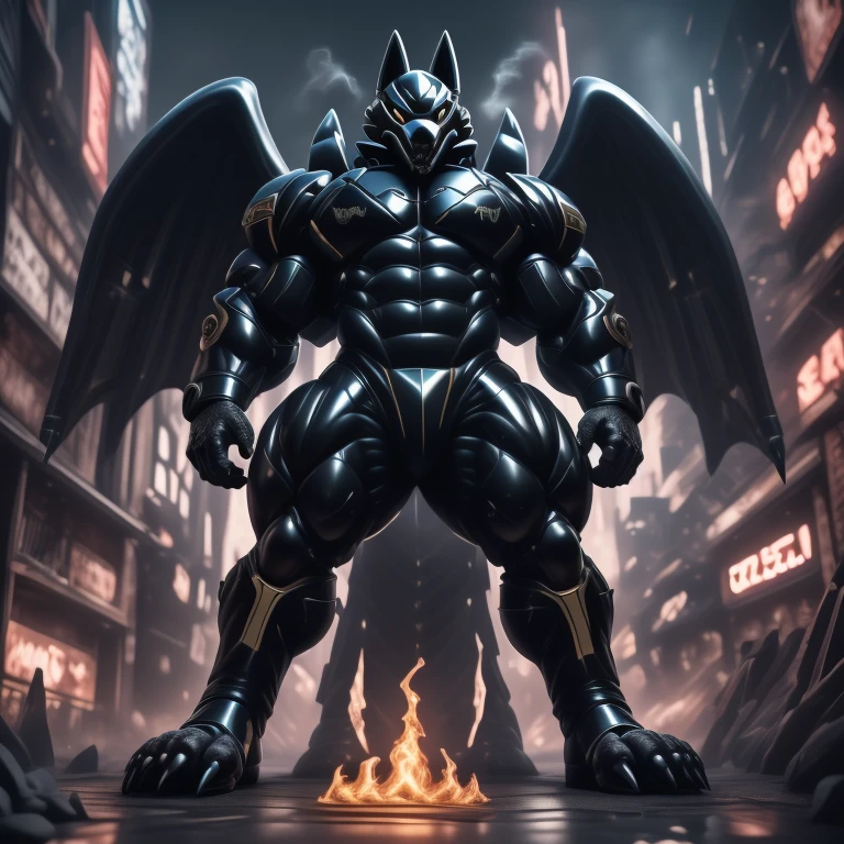 (masterpiece. official art. 8k. best quality. detailed full body. full body.)
(situation 1 : dominating mega lucario. focus GIANT mechanical Muscular mega lucario is trampling the CITY. macro. stomp. Low-angle perspective. emphasizing the immense size. The perspective is from below, emphasizing the sheer majesty and power of the Giant. giant art. He is much bigger than a skyscraper. Giga Giants. micro soccer field. looking down.)

(situation 2 :smoke and flames rising from the destruction in the city)

(Additional details 1: wearing a full-face helmet. helmet is jet black. The color of NANOSUIT is jet black. high-tech bio-mecha armor. real texture material. whole body shines like metal. Wearing cyberpunk mecha. emphasizes the muscles. suit fully made of metal. intricate armor. Robotic suit. suit fully made of metal. no face.). (mega lucario has 5 toes.) Wearing a Full Face Toxic Gas Mask. no blue.
An arrogant expression.
smile at the corner of your mouth.

(Additional details 2: (Detailed head. Detailed Body. Detailed abs. gigantic muscles. HYPER MUSCLES. Gigachad Muscular. big muscle. pecs. triceps. traps. unusually developed muscular body. body full of huge muscles. showing off muscles. pectorales enormes. Exaggeratedly huge muscles. huge muscles. long legs.).

(Additional details 3: nj5furry, Spread wings. It has wings. black have big wings. The claws are sharp. Sharp teeth.5 toes.).  Wearing a Full Face Toxic Gas Mask. 