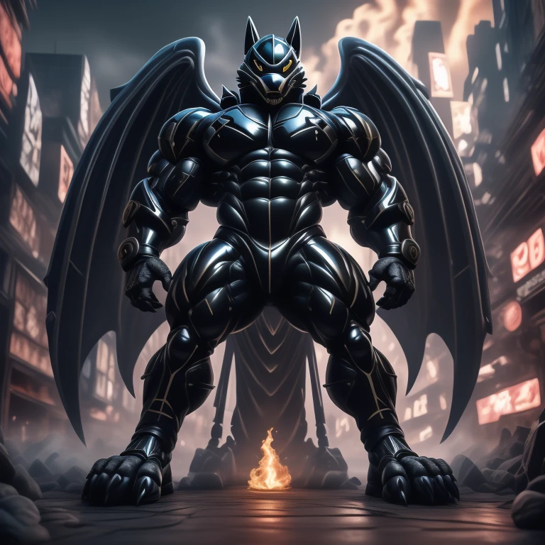 (masterpiece. official art. 8k. best quality. detailed full body. full body.)
(situation 1 : dominating mega lucario. focus GIANT mechanical Muscular mega lucario is trampling the CITY. macro. stomp. Low-angle perspective. emphasizing the immense size. The perspective is from below, emphasizing the sheer majesty and power of the Giant. giant art. He is much bigger than a skyscraper. Giga Giants. micro soccer field. looking down.)

(situation 2 :smoke and flames rising from the destruction in the city)

(Additional details 1: wearing a full-face helmet. helmet is jet black. The color of NANOSUIT is jet black. high-tech bio-mecha armor. real texture material. whole body shines like metal. Wearing cyberpunk mecha. emphasizes the muscles. suit fully made of metal. intricate armor. Robotic suit. suit fully made of metal. no face.). (mega lucario has 5 toes.) Wearing a Full Face Toxic Gas Mask. no blue.
An arrogant expression.
smile at the corner of your mouth.

(Additional details 2: (Detailed head. Detailed Body. Detailed abs. gigantic muscles. HYPER MUSCLES. Gigachad Muscular. big muscle. pecs. triceps. traps. unusually developed muscular body. body full of huge muscles. showing off muscles. pectorales enormes. Exaggeratedly huge muscles. huge muscles. long legs.).

(Additional details 3: nj5furry, Spread wings. It has wings. black have big wings. The claws are sharp. Sharp teeth.5 toes.).  Wearing a Full Face Toxic Gas Mask. 