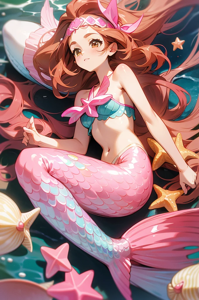 Mermaid, mermaid with pink tail, pink fish tail, long caramel hair, caramel hair, brown eyes, wears a pink top with seashells, wears seashell accessories, pearl beads decorating waist, wears a pink headband with seashells and starfish, caramel hair, light brown hair 