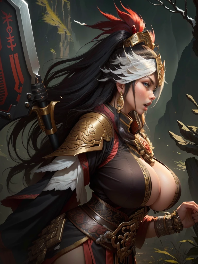 a woman with a large axe and a feathered head, inspired by Hu Zaobin, berserker potrait, guan yu, bian lian, sun wukong, ol, inspired by Huang Shen, inspired by Li Gonglin, tai warlord, inspired by Wu Bin, wukong, inspired by Li Kan, naranbaatar ganbold, Highly detailed CG unit 8k wallpaper, masterpiece, High resolution, highest quality, highest quality real texture skin, Super Real, Digital Painting, Best image quality, 最High resolution, 8k, ((Highly detailed eyes and face, Beautiful eyes every detail)), 1girl, Full Body Shot, Saggy breaavity-dependent breasts, lot, Heavy chest, disproportionate breasts, huge breagging breasts,ic breasts, erect, Cleavage cut outaway, Gaznto thance, ((r mouth wide, stick out tongue, ahegao)), (evil smile, madness, 遠くをにらむ, 遠くを見つめる. profile),