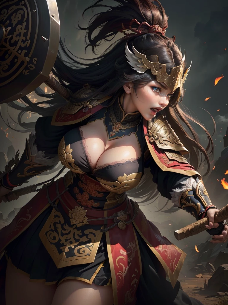 a woman with a large axe and a feathered head, inspired by Hu Zaobin, berserker potrait, guan yu, bian lian, sun wukong, mongol, inspired by Huang Shen, inspired by Li Gonglin, tai warlord, inspired by Wu Bin, wukong, inspired by Li Kan, naranbaatar ganbold, Highly detailed CG unit 8k wallpaper, masterpiece, High resolution, highest quality, highest quality real texture skin, Super Real, Digital Painting, Best image quality, 最High resolution, 8k, ((Highly detailed eyes and face, Beautiful eyes every detail)), 1girl, Full Body Shot, Saggy breasts, Gravity-dependent breasts, long chest, Heavy chest, disproportionate breasts, huge breasts, sagging breasts, gigantic breasts, erect nipple, Cleavage cut out, Look away, Gazing into the distance, ((open your mouth wide, stick out tongue, ahegao)), (evil smile, madness, 遠くをにらむ, 遠くを見つめる. profile),