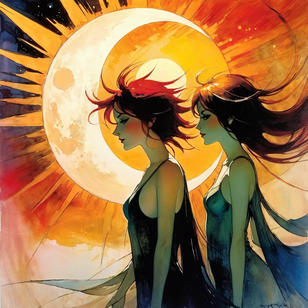 the sun against the moon, (art inspired by Bill Sienkiewicz). oil painting)