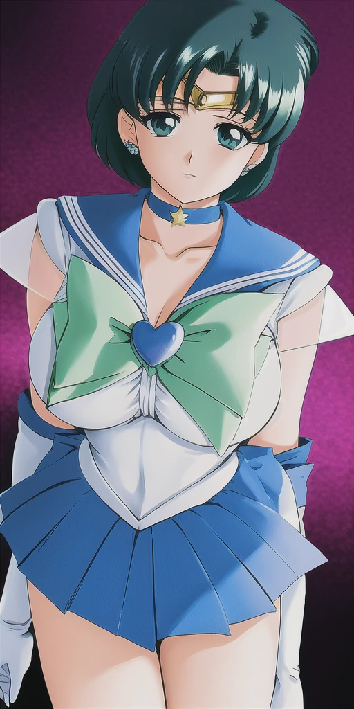 Mizuno_Which, Huge_chest, Are standing, alone, Spar SMRC_green_skirt_white_gloves_green_boots_green_star_choker_green_bowtie_green_return_bow_Circlet_heart_brooch_See through_sleeve, masterpiece, Highest quality, Detailed face, Detailed eyes, High resolution,