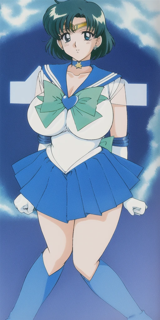 Mizuno_Which, Huge_chest, Are standing, alone, Spar SMRC_green_skirt_white_gloves_green_boots_green_star_choker_green_bowtie_green_return_bow_Circlet_heart_brooch_See through_sleeve, masterpiece, Highest quality, Detailed face, Detailed eyes, High resolution,