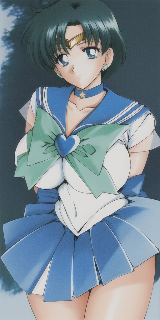 Mizuno_Which, Huge_chest, Are standing, alone, Spar SMRC_green_skirt_white_gloves_green_boots_green_star_choker_green_bowtie_green_return_bow_Circlet_heart_brooch_See through_sleeve, masterpiece, Highest quality, Detailed face, Detailed eyes, High resolution,