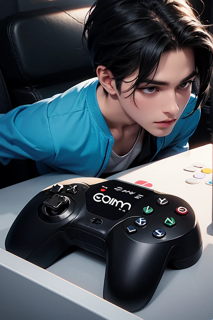 logo of playing fun game with controller wearing glass and black hair