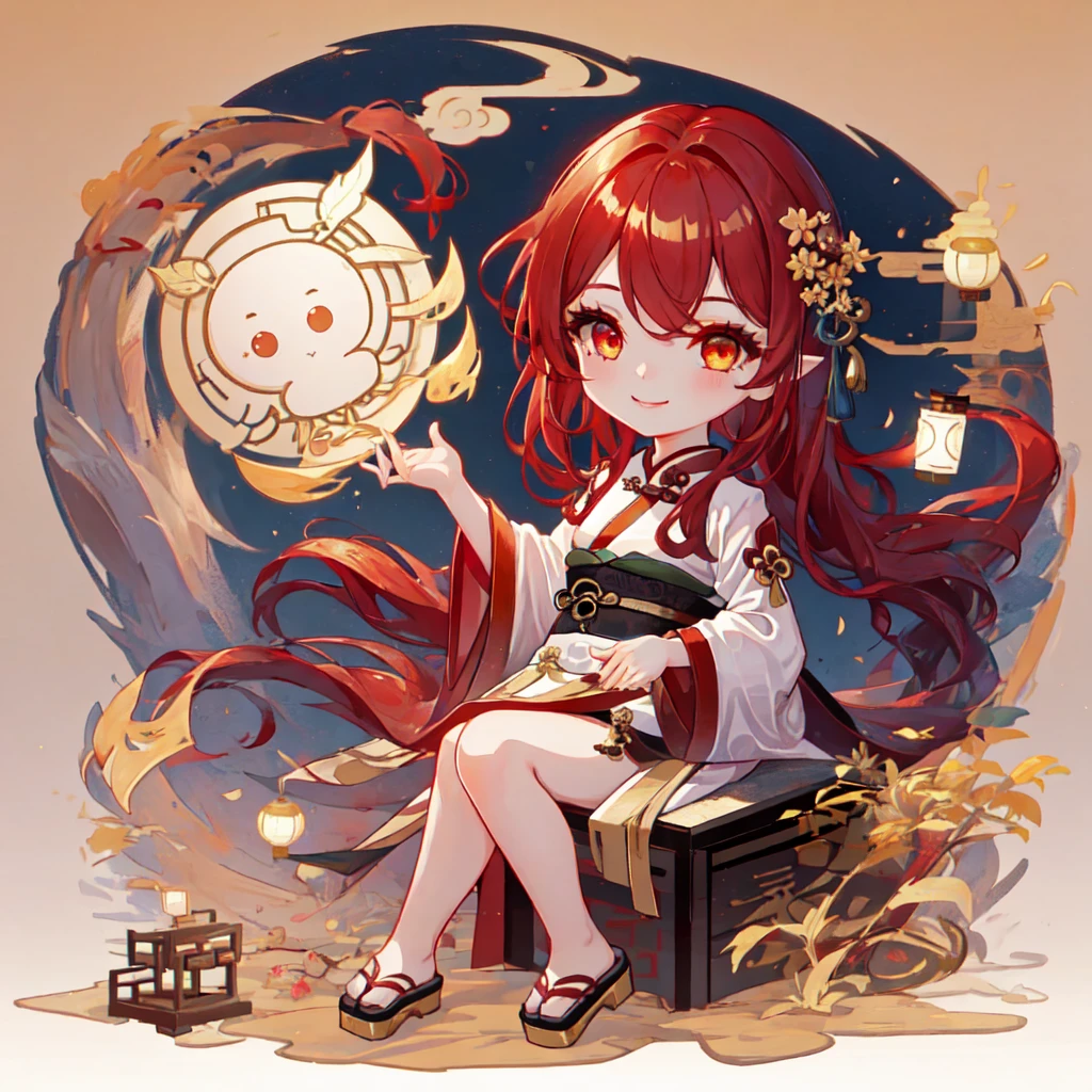 Alone, 1 girl, red wavy long hair, red hair, golden eyes, black and gold hanfu, Chinese style, chibi, smiling,