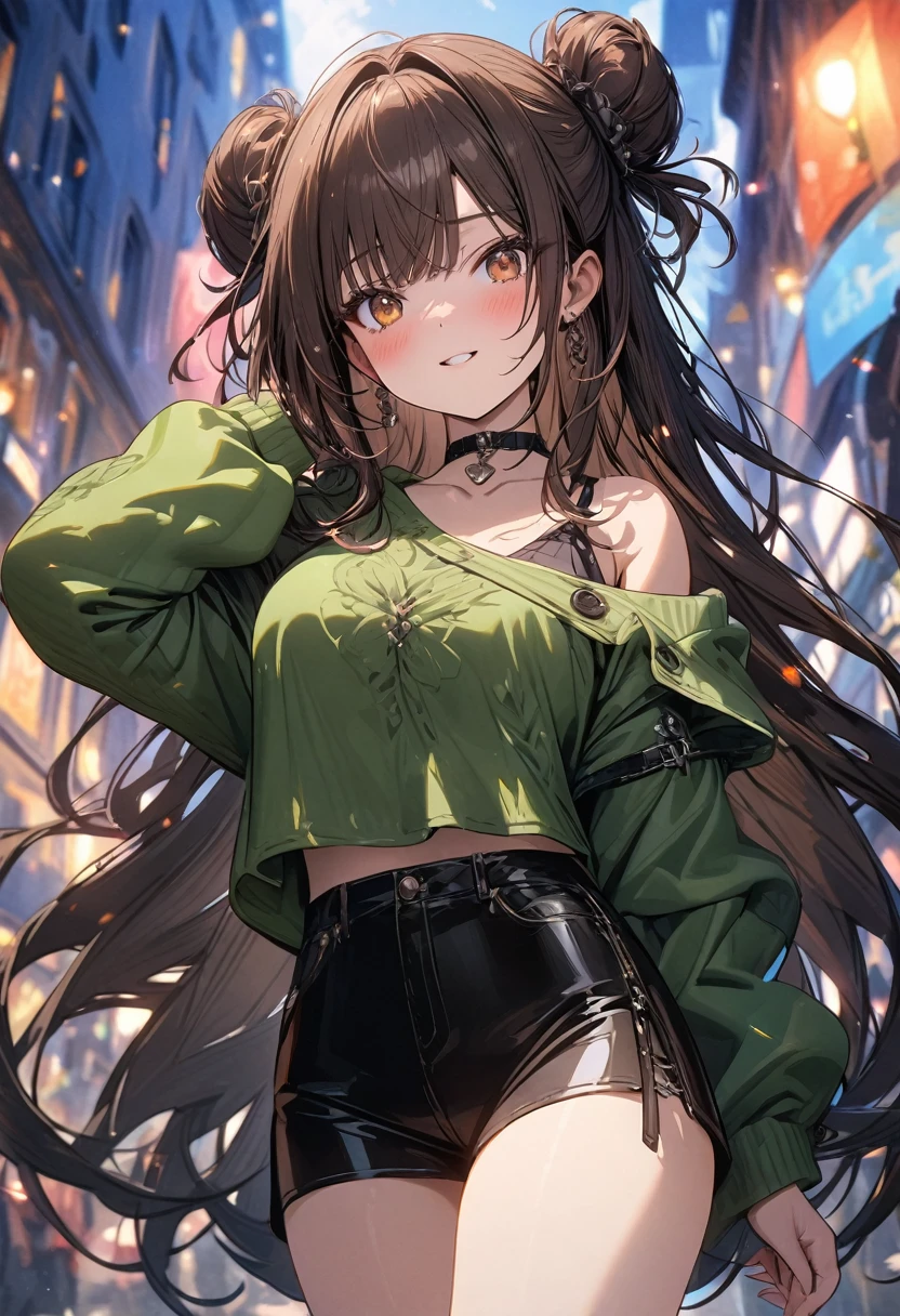 (masterpiece), best quality, very aesthetic, newest, absurdres, detailed, high quality
BREAK
highest quality, top quality, details, highres, ultra fine painting, digital art, official art, cinematic, 4k, 8k resolution, 8K CG wallpaper, CG, original artwork, detailed background, colorful background, blue atmosphere, High Dynamic Range, blurry background, blue hour, Starburst effects, crepuscular rays, good ISO, high resolution, wide shot, from far away, RAW photo, POV, sharp focus, light reflection, reflections, intricate details, soft light, particle noise, professional photography, bokeh, depth of field, natural lighting, vibrant colors, looking away, detailed lights and shadows, stylish, ultra-detailed, top rated on Pixiv, trending on Artstation, niji style, modern-days, master crafted, pose
BREAK
solo, (close up), 1girl, pale skin, correct fingers, detailed hand, (big breasts:1.2), big thighs, small torso, short body, flushtered, blush, anxious expression, embarassed, embarassed act, casual, slim, ((cute, childlike face):1.3), nice body, nice hips, brown hair, (very long flowing hair, 2 buns hairstyle), long bangs, long hair, middle hair bangs, brown eyes
BREAK
((black strap type tank top), black string sweatshorts, off shoulders open green hoodie, choker, casualwear, modest)
BREAK
City background