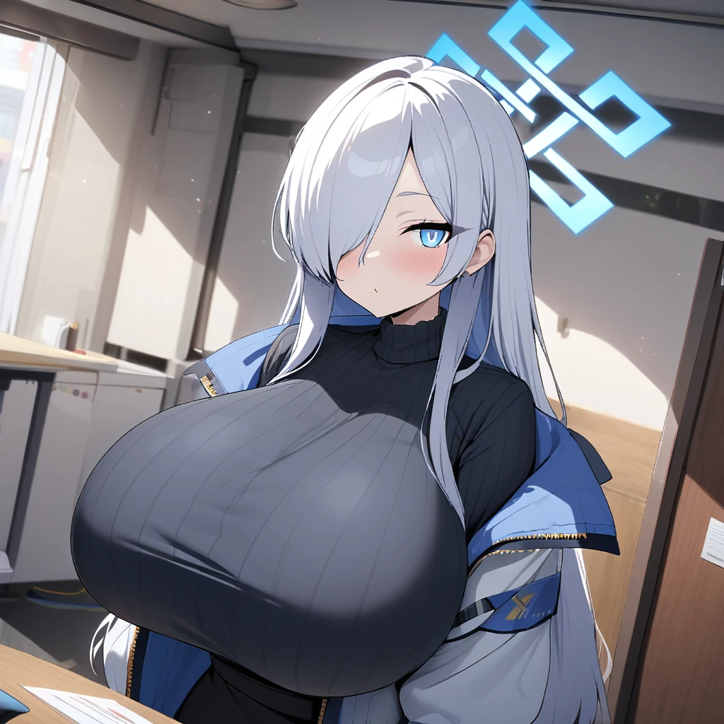 kanna(blue archive),1girl,solo,halo,super huge breasts,looking at viewer,near,standing up,in room