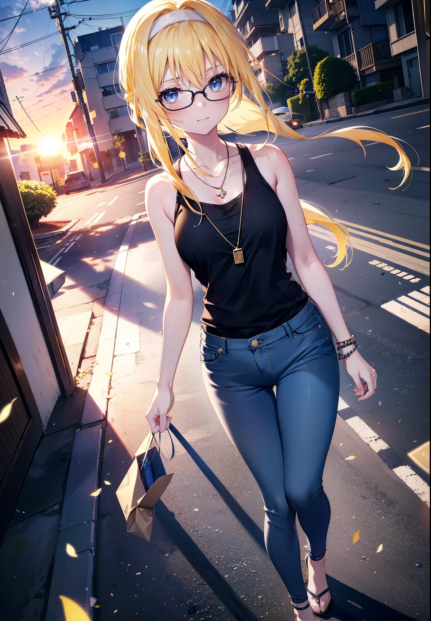Alicesburg, Alice Zuberg, bangs, blue eyes, Blonde, Hair between the eyes, Very long hair, Braiding, hair band, white hair band,Black-rimmed glasses,Yellow Tank Top,Locket Necklace,skinny pants,Stiletto heels,Walking,morning,morning陽,The sun is rising,whole bodyがイラストに入るように,smile,blush,
break outside, Residential Street,
break looking at viewer, whole body,
break (masterpiece:1.2), Highest quality, High resolution, unity 8k wallpaper, (figure:0.8), (Beautiful attention to detail:1.6), Highly detailed face, Perfect lighting, Highly detailed CG, (Perfect hands, Perfect Anatomy),
