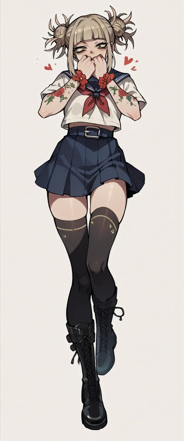 Himiko Toga with flower tattoos on her hands (tatto covering her entire wrist)  with black boots and black stockings, Short skirt (whole body) 