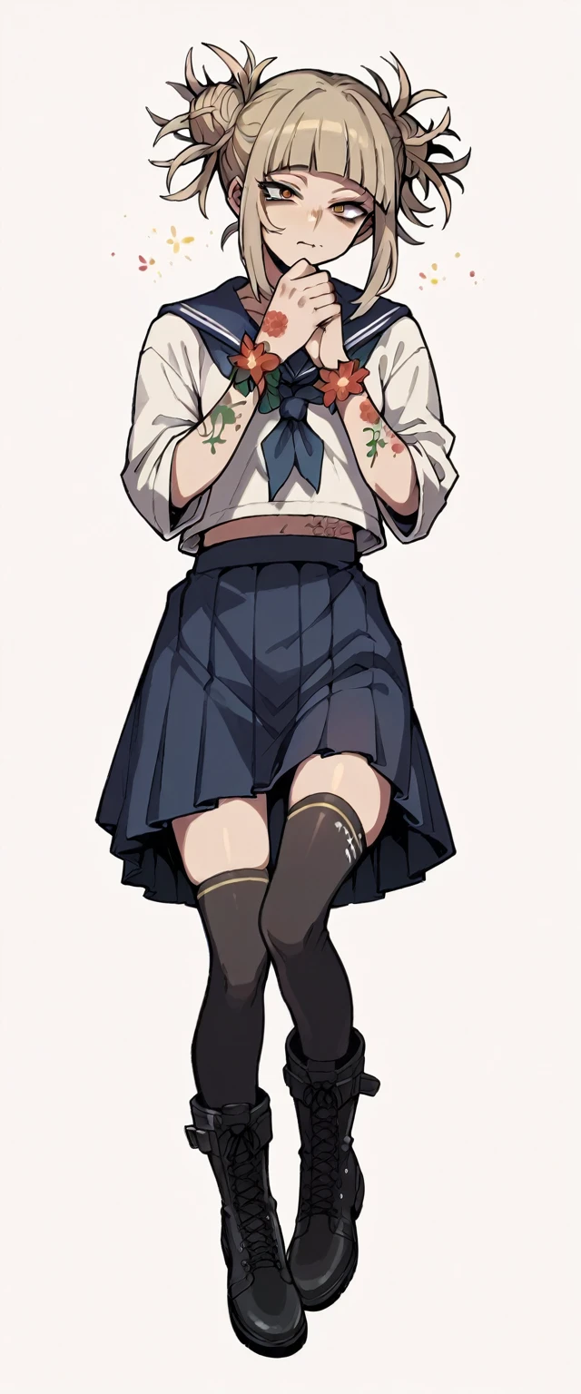 Himiko Toga with flower tattoos on her hands (tatto covering her entire wrist)  with black boots and black stockings, Short skirt (whole body) 