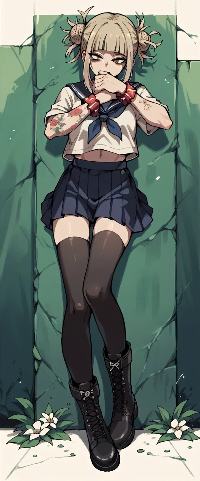 Himiko Toga with flower tattoos on her hands (tatto covering her entire wrist)  with black boots and black stockings, Short skirt (whole body) 