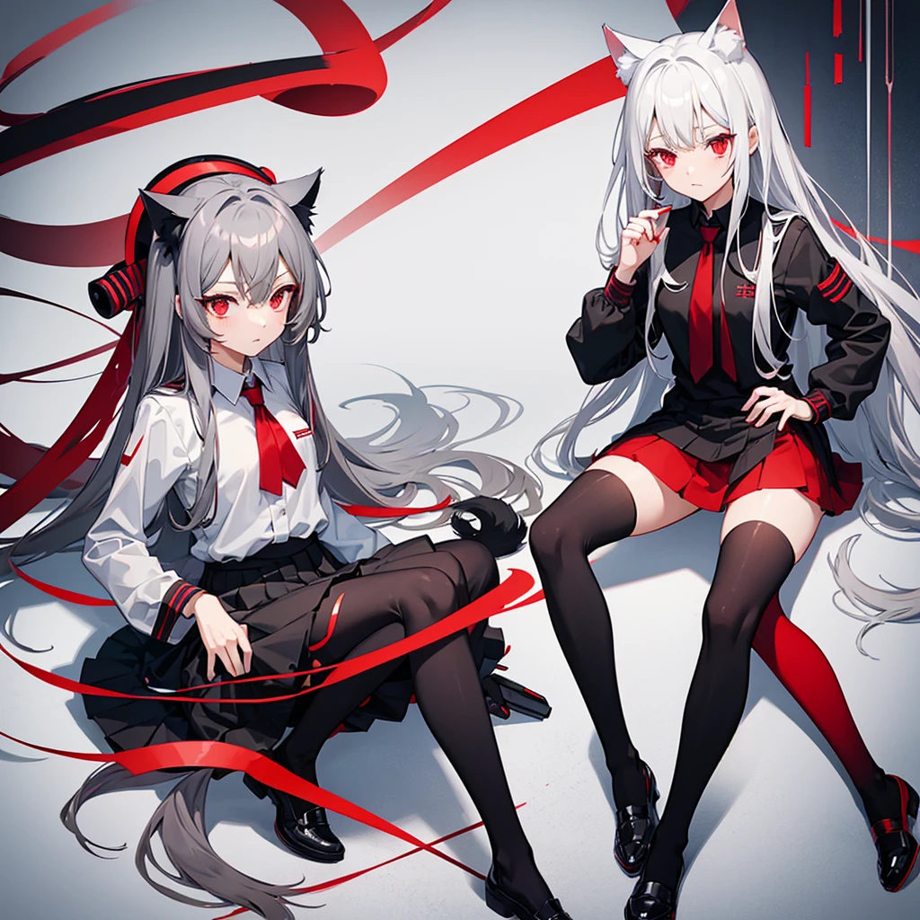 Woman, anime, grey long straight hair, black and red , red skirt with black stripe, knee high socks, black socks with red stripe, cat ears and a tail, grey, kiminomini, red eyes, shy, beautiful, tired look, ultra HD, amazing quality, girl