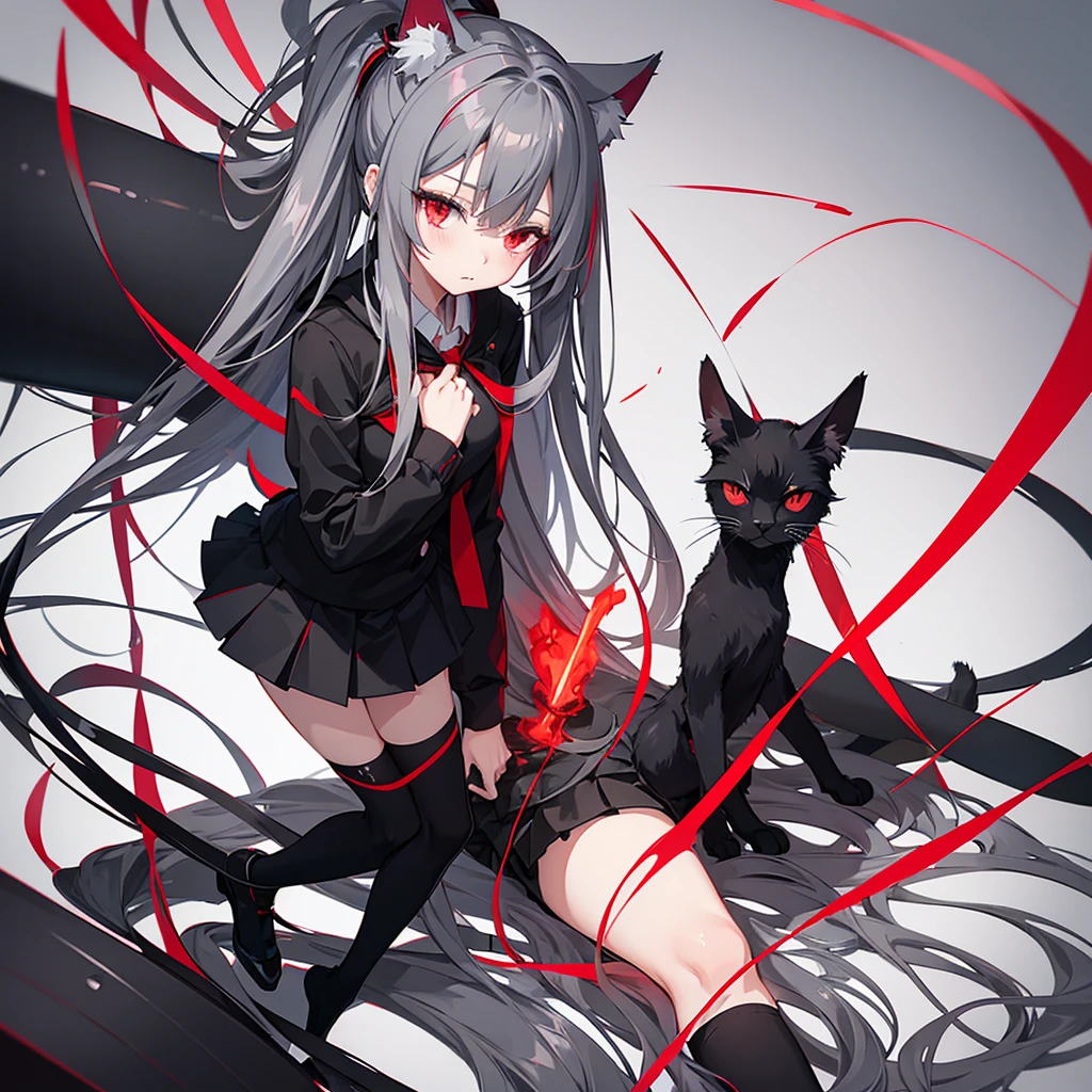 Woman, anime, grey long straight hair, black and red , red skirt with black stripe, knee high socks, black socks with red stripe, cat ears and a tail, grey, kiminomini, red eyes, shy, beautiful, tired look, ultra HD, amazing quality, girl
