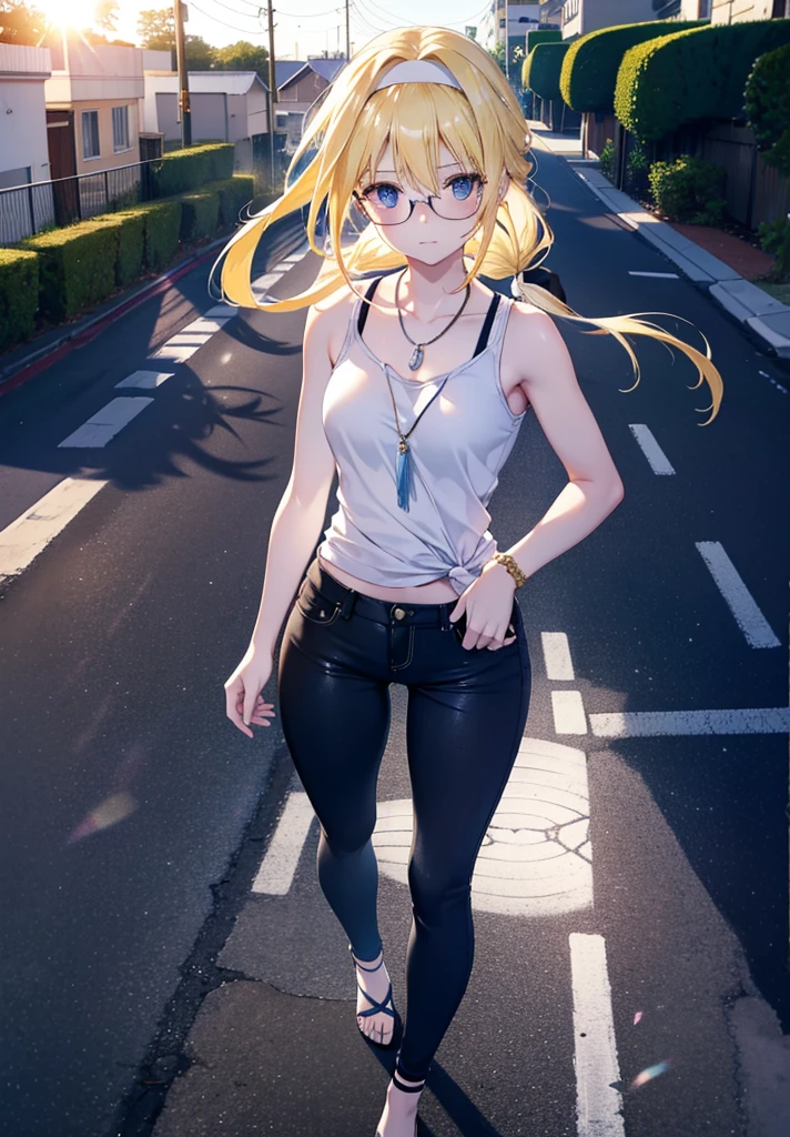Alicesburg, Alice Zuberg, bangs, blue eyes, Blonde, Hair between the eyes, Very long hair, Braiding, hair band, white hair band,Black-rimmed glasses,Yellow Tank Top,Locket Necklace,skinny pants,Stiletto heels,Walking,morning,morning陽,The sun is rising,whole bodyがイラストに入るように,smile,blush,
break outside, Residential Street,
break looking at viewer, whole body,
break (masterpiece:1.2), Highest quality, High resolution, unity 8k wallpaper, (figure:0.8), (Beautiful attention to detail:1.6), Highly detailed face, Perfect lighting, Highly detailed CG, (Perfect hands, Perfect Anatomy),