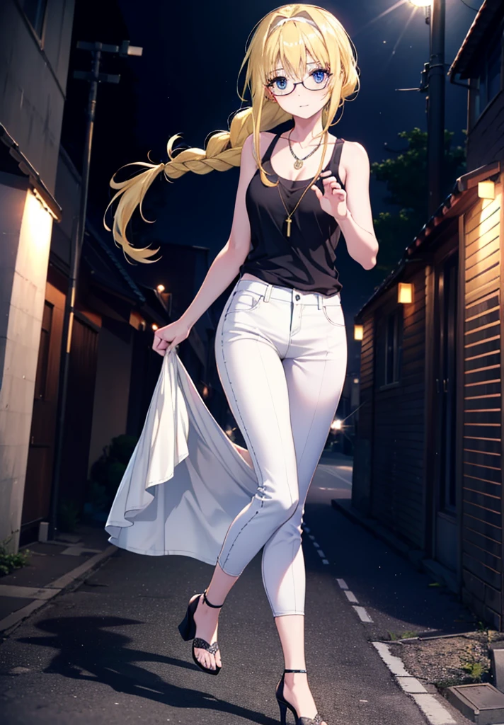 Alicesburg, Alice Zuberg, bangs, blue eyes, Blonde, Hair between the eyes, Very long hair, Braiding, hair band, white hair band,Black-rimmed glasses,Yellow Tank Top,Locket Necklace,skinny pants,Stiletto heels,Walking,morning,morning陽,The sun is rising,whole bodyがイラストに入るように,smile,blush,
break outside, Residential Street,
break looking at viewer, whole body,
break (masterpiece:1.2), Highest quality, High resolution, unity 8k wallpaper, (figure:0.8), (Beautiful attention to detail:1.6), Highly detailed face, Perfect lighting, Highly detailed CG, (Perfect hands, Perfect Anatomy),