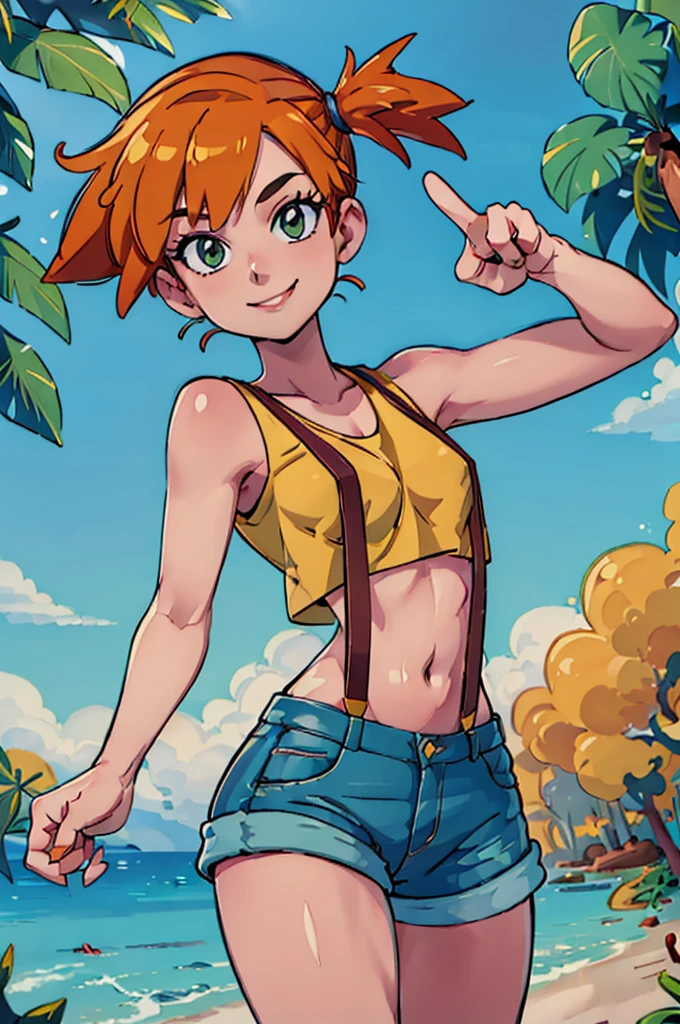 ((masterpiece,best quality)), absurdres,
Misty_Pokemon, yellow crop top, suspenders, side ponytail, orange hair, denim shorts, 
solo, smiling, looking at viewer, cowboy shot,
cinematic composition, contrapposto, peace sign,
tropical beach,