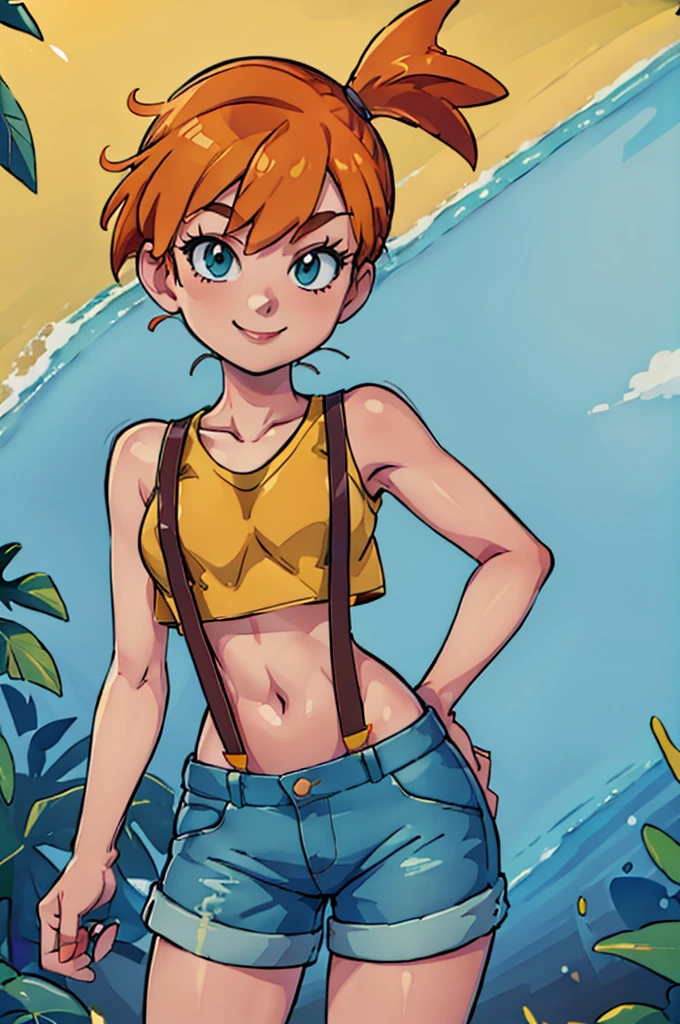 ((masterpiece,best quality)), absurdres,
Misty_Pokemon, yellow crop top, suspenders, side ponytail, orange hair, denim shorts, 
solo, smiling, looking at viewer, cowboy shot,
cinematic composition, contrapposto, peace sign,
tropical beach,