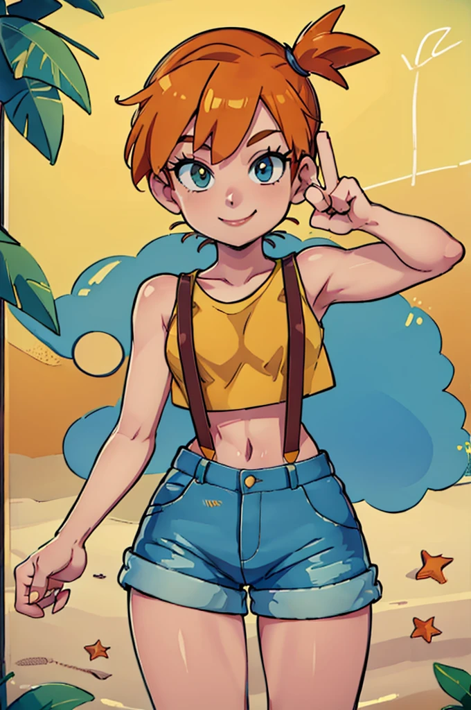 ((masterpiece,best quality)), absurdres,
Misty_Pokemon, yellow crop top, suspenders, side ponytail, orange hair, denim shorts,
solo, smiling, looking at viewer, cowboy shot,
cinematic composition, contrapposto, peace sign,
tropical beach,